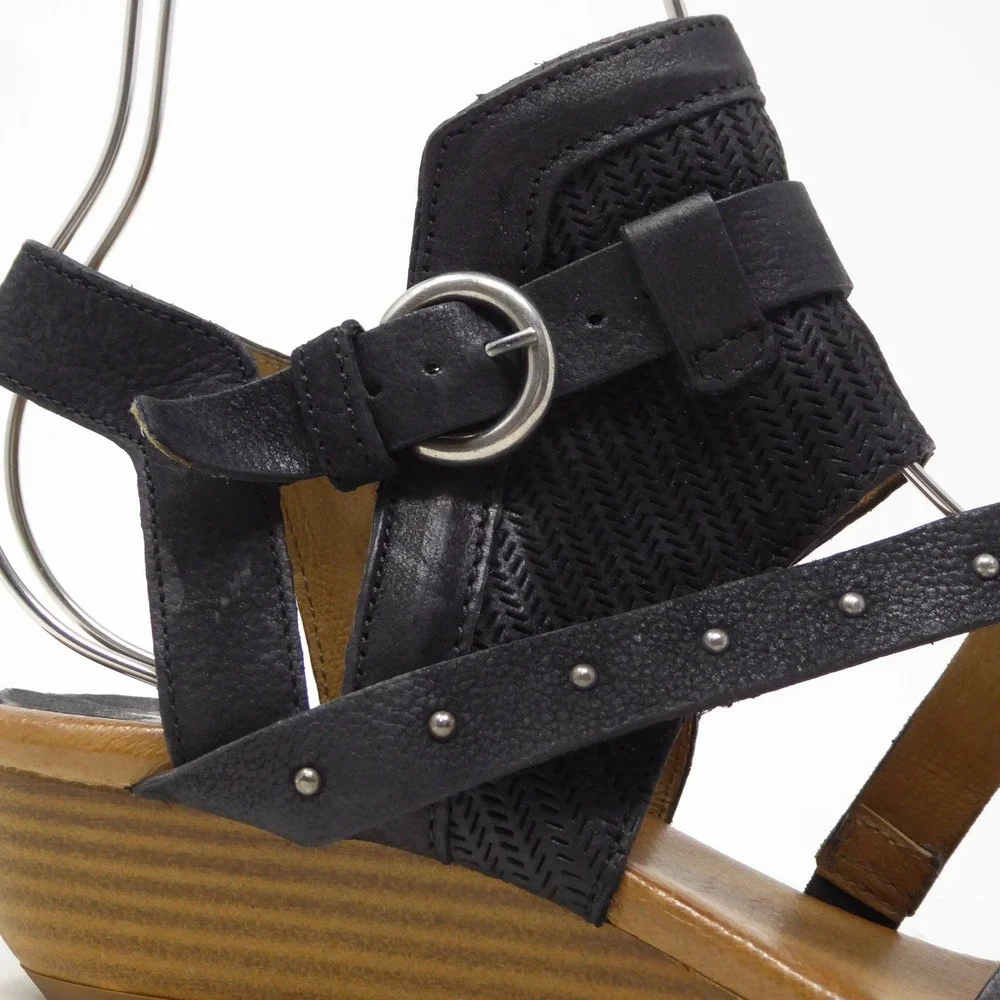 Miz Mooz Womens Farley Wedge Sandals Black Leather Studded Buckle 38 / 7.5